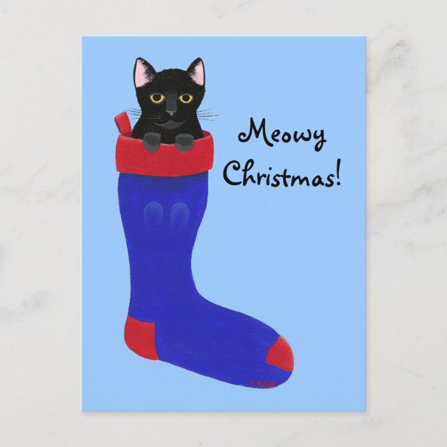 Niedlich Black Kitten Weihnachten Strumpf Postkart (Vorderseite)
