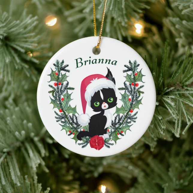 Niedlich Black Kitten Weihnachtskranz Keramik Ornament (Baum)