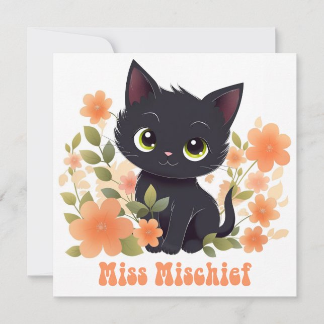 Niedlich Black Kitty Kawaii Chibi Einladung (Vorderseite)