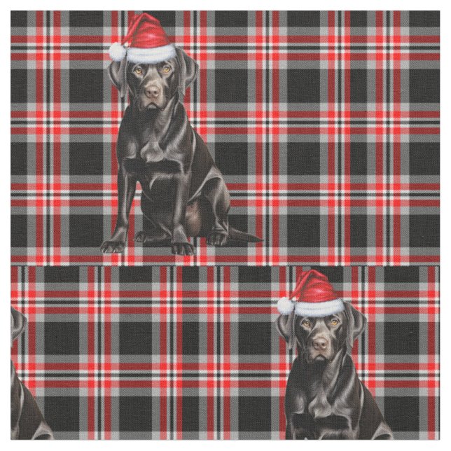 Niedlich Black Lab Santa Dog auf Red Kariert Chris Stoff (Nahaufnahme)