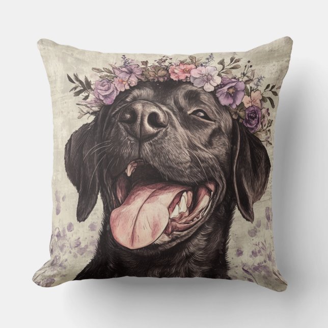 Niedlich Black Labrador Retriever Lila Floral Kissen (Vorderseite)