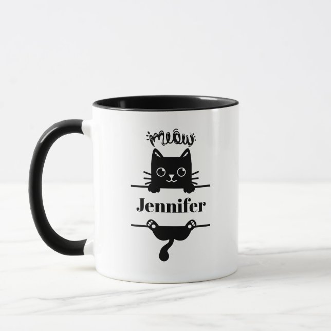 Niedlich Black on White Personalisiert Cat Tasse (Links)