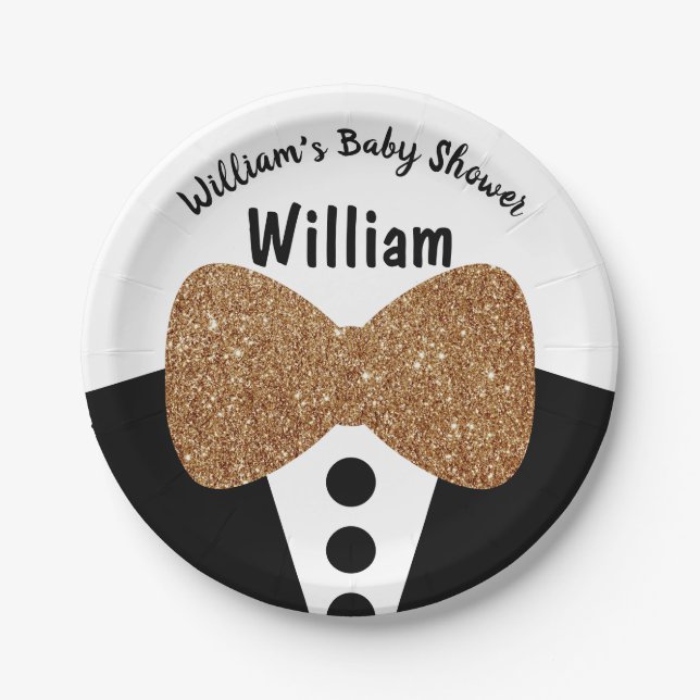 Niedlich Black Tuxedo Gold Glitzer Bow Krawatte Ba Pappteller (Vorderseite)