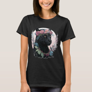 Niedlich Black Watercolor Panther Blume Crown Boho T-Shirt
