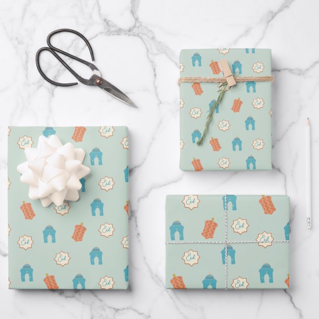 Niedlich blau / grün Ramadan Eid Geschenkpapier Set (Vorderseite)