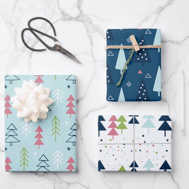 Niedlich Blau grün rosa Weihnachtsbaummuster Gesch Geschenkpapier Set (Vorderseite)