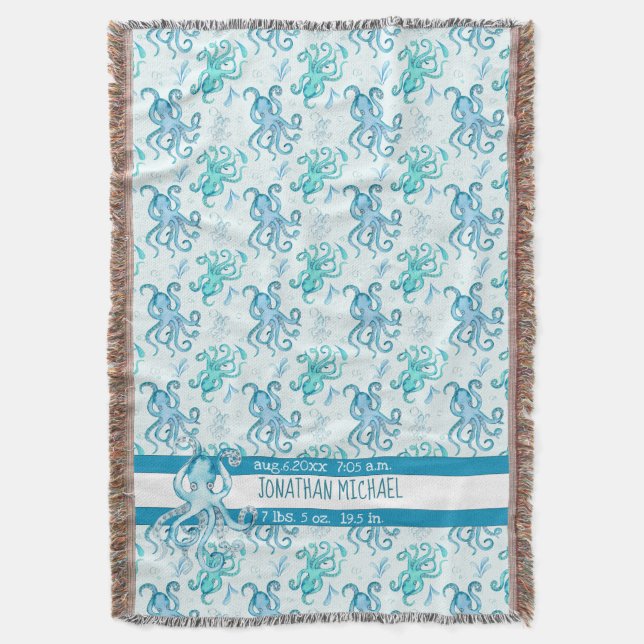 Niedlich Blau und Aquamarin Octopus Baby's Name Se Decke (Vorderseite Vertikal)