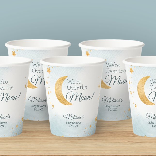 Niedlich Blau Wir sind über der Mond Babydusche Pappbecher (Cute Blue We're Over the Moon Baby Shower Paper Cups)