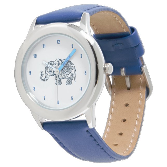 Niedlich-blaue Bläserpaisley Elephant Illustration Armbanduhr (Schrägansicht)