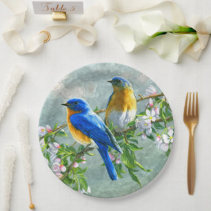 Niedlich Blaue Gelbe Vögel Kirsche Blossom Wasserf Pappteller
