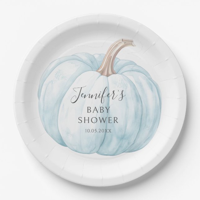 Niedlich-blaue Kürbis-Babydusche Pappteller (Vorderseite)