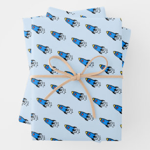 Niedlich-blaue Rakete Geschenkpapier Set