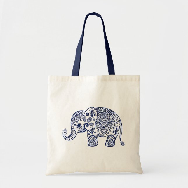 Niedlich Blauer Blütenpaisley Elephant Illustratio Tragetasche (Vorne)