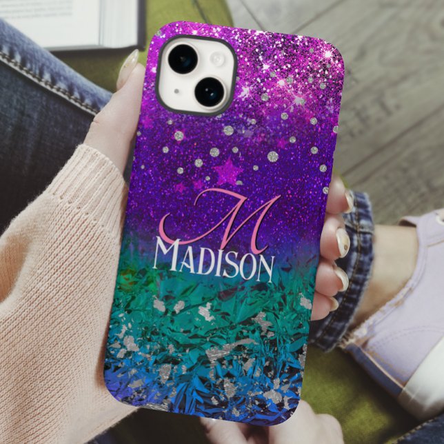 Niedlich-blauer lila Glitzer Monogramm Case-Mate iPhone 14 Hülle (Von Creator hochgeladen)