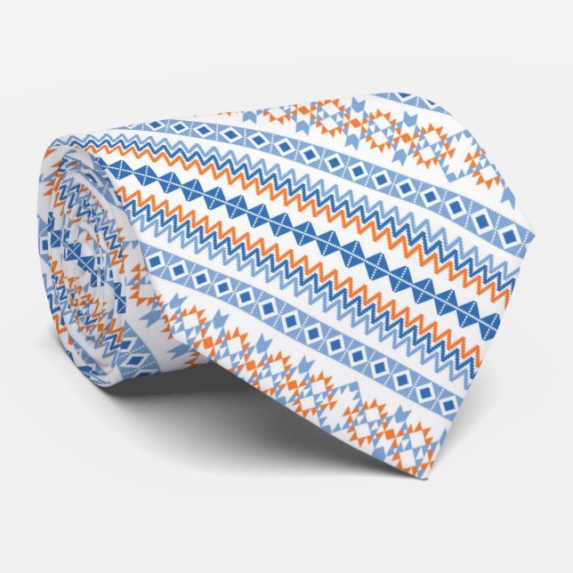 Niedlich-blauorange-Aztekenmotiv-Muster Krawatte (Gerollt)