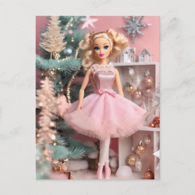 Niedlich Blond Doll Pink Retro Weihnachten Postkarte (Vorderseite)