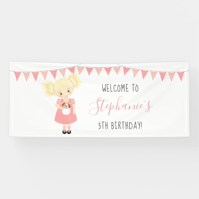 Niedlich Blonde Birthday Girl und Welpe Banner (Horizontal)
