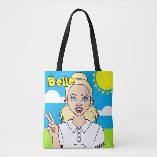Niedlich Blonde Cartoon Girl School Name Library Tasche (Vorderseite)