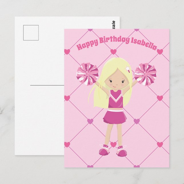 Niedlich Blonde Cheerleader Custom Pink Girls Gebu Postkarte (Vorne/Hinten)