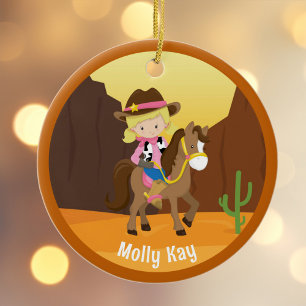 Niedlich Blonde Cowgirl Custom Kids Name Weihnacht Keramik Ornament