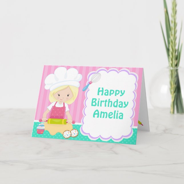 Niedlich Blonde Girl Backen Geburtstag Karte (Vorderseite)