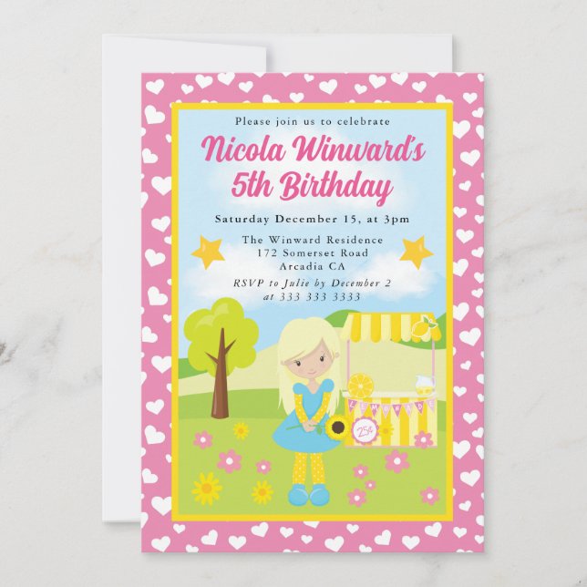 Niedlich Blonde Lemonade Girl Kindergeburtstag Einladung (Vorderseite)