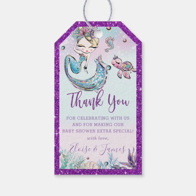 Niedlich Blonde Mermaid Kinderdusche Danke für Ihr Geschenkanhänger (Vorderseite)