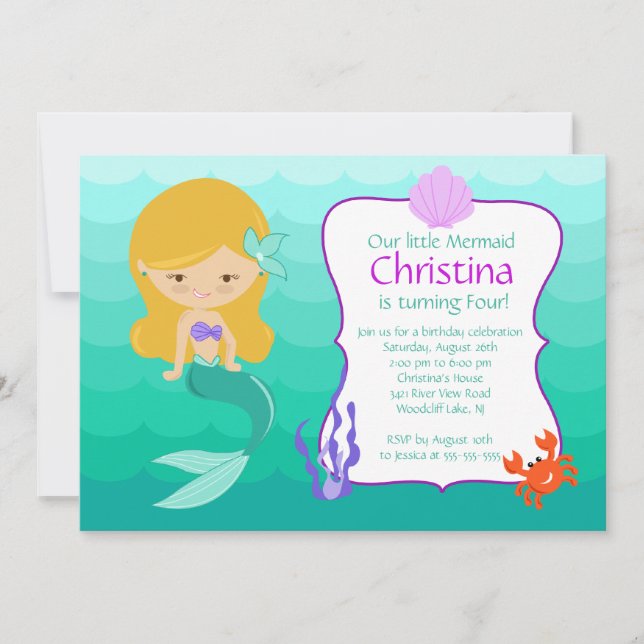 Niedlich Blonde Mermaid zum Geburtstag Einladung (Vorderseite)