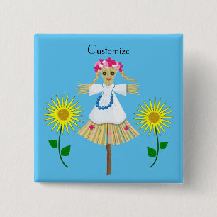 Niedlich Blonde Pigtails Scarecrow Button