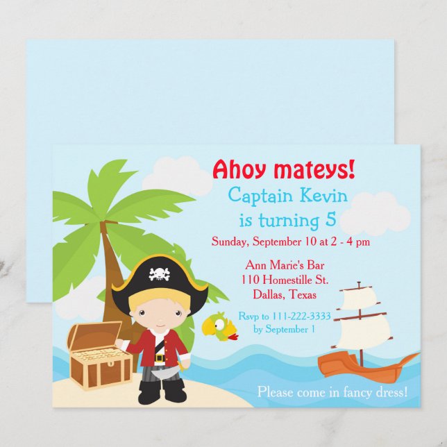 Niedlich Blonde Pirate Boy Geburtstagsparty Einladung (Vorne/Hinten)