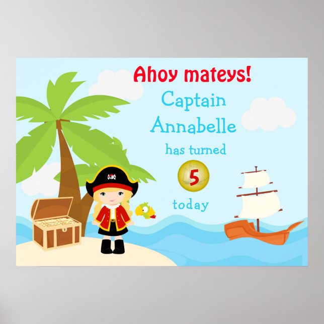 Niedlich Blonde Pirate Girl in Red Birthday Poster (Vorne)