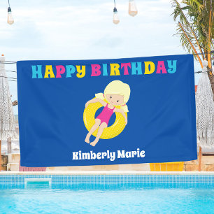 Niedlich Blonde Swim Girl Custom Pool Geburtstagsp Banner