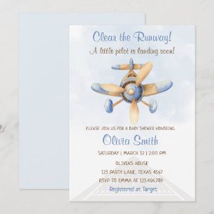Niedlich Blue Airplane Runway Pilot Babydusche Einladung