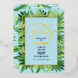 Niedlich Blue and Green Tropical Hey Baby Dusche Folieneinladung