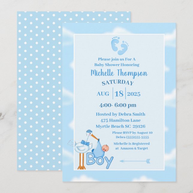 Niedlich Blue and White Baby Boy Stork Dusche Einladung (Vorne/Hinten)