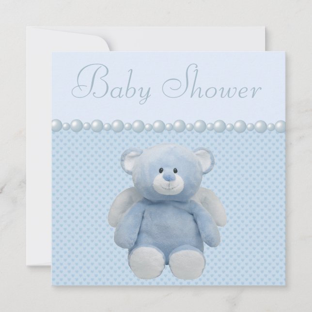 Niedlich Blue Angel Teddy Bear Baby Boy Dusche Einladung (Vorderseite)