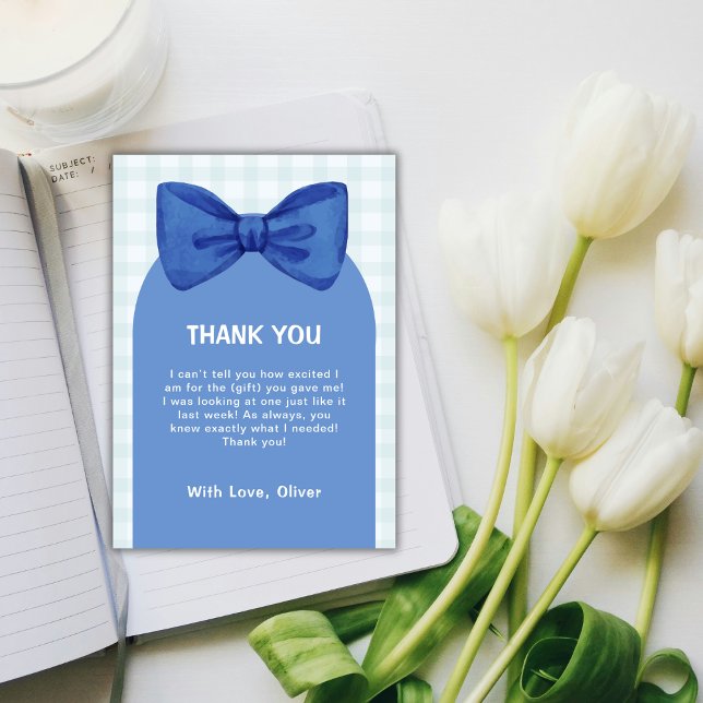 Niedlich Blue Arch Gingham Kariert Bow Boy Baby Du Dankeskarte (Cute Blue Arch Gingham Plaid Bow Boy Baby Shower Thank You Card)