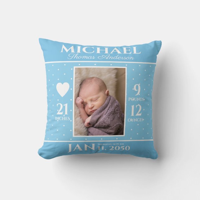Niedlich Blue Baby Birth Stats Keepake Kinderzimme Kissen (Vorderseite)