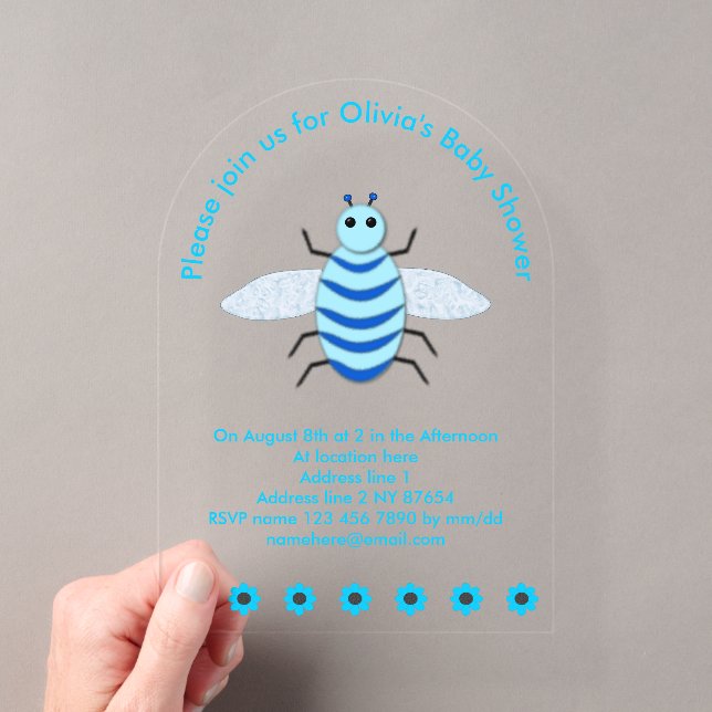 Niedlich Blue Baby Boy Bee Custom Baby Shower Acryleinladungen (Insitu (Handheld))