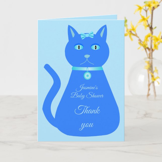 Niedlich Blue Baby Boy Cat Custom Baby Dusche Karte (Gelbe Blume)