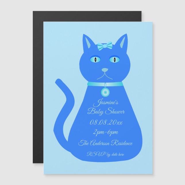 Niedlich Blue Baby Boy Cat Custom Baby Dusche Magneteinladung (Vorne/Hinten)