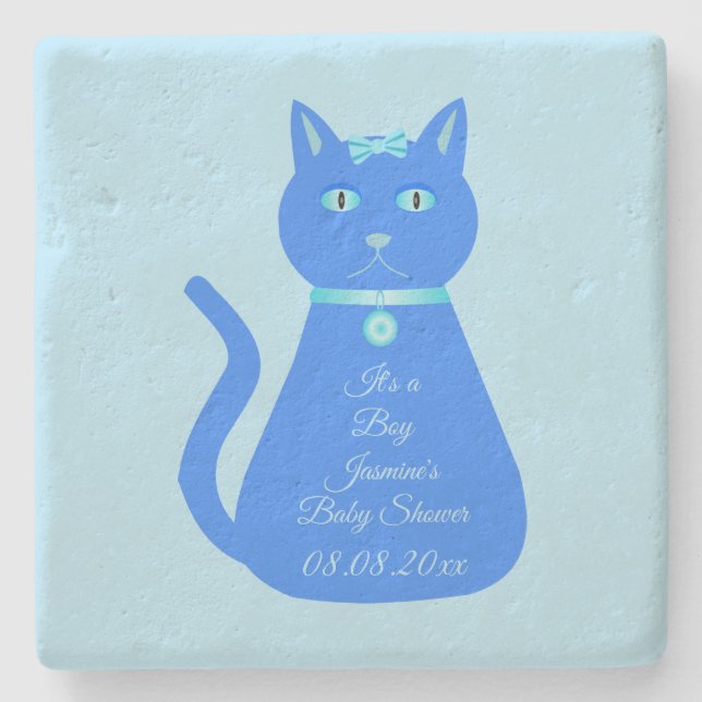 Niedlich Blue Baby Boy Cat Custom Baby Dusche Steinuntersetzer (Vorderseite)