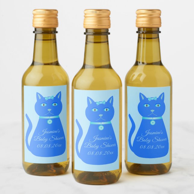 Niedlich Blue Baby Boy Cat Custom Baby Dusche Weinetikett (Flaschen)
