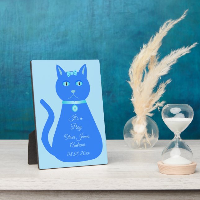 Niedlich Blue Baby Boy Cat Custom Birth Ankündigun Fotoplatte (Seite)