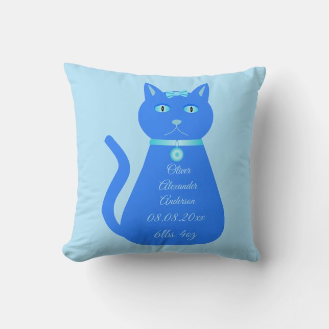 Niedlich Blue Baby Boy Cat Custom Birth Ankündigun Kissen (Vorderseite)
