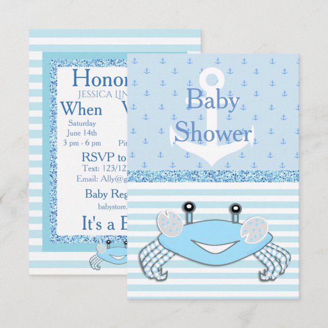Niedlich Blue Baby Boy Crab Beachy Dusche Einladun Einladung (Vorne/Hinten)