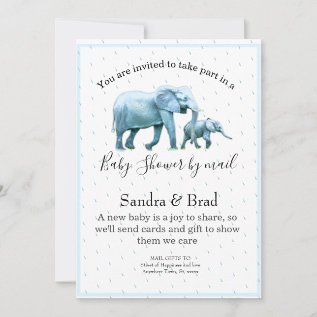 Niedlich Blue Baby Boy Elephants Babydusche Einladung (Vorderseite)