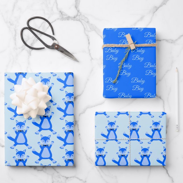Niedlich Blue Baby Boy Fox Babydusche Gemustert Geschenkpapier Set (Vorderseite)