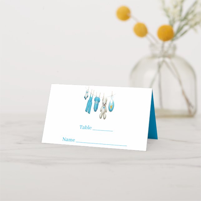Niedlich Blue Baby Boy Illustration Baby Dusche Platzkarte (Vorderseite)