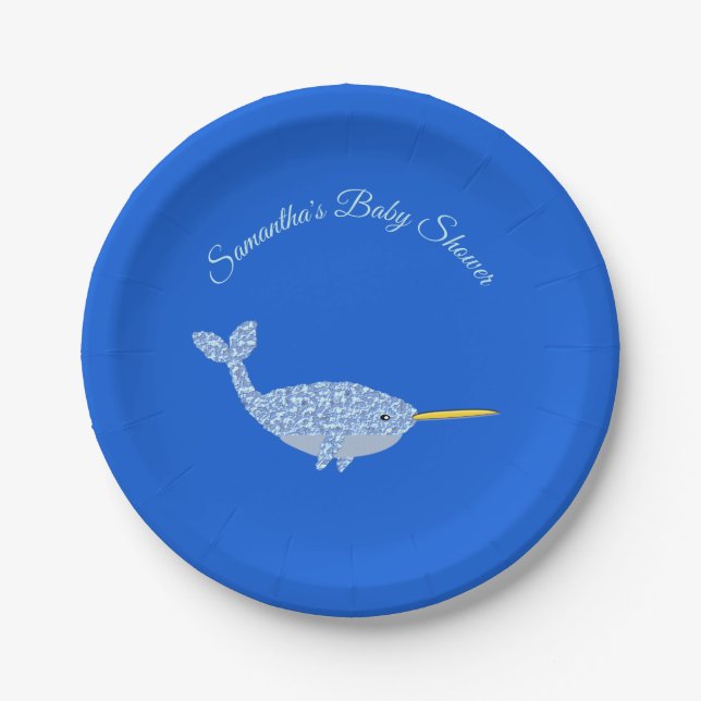 Niedlich Blue Baby Boy Narwhal Baby Dusche kundens Pappteller (Vorderseite)